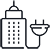 line drawing icon of a building with an electric plug coming out of it to the right pointing upward