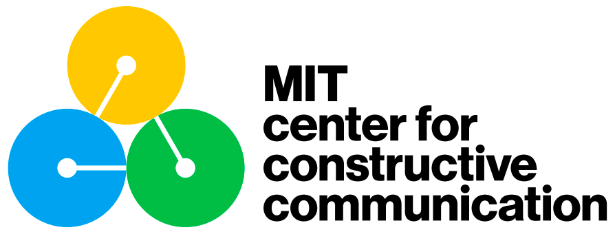 Center for Constructive Communication logo - three circles configured in a triangle, the top triangle is yellow, the bottom left is blue, the bottom right is green - each has a white radius pointing to the next circle; the words "MIT center for constructive communication" in black next to them