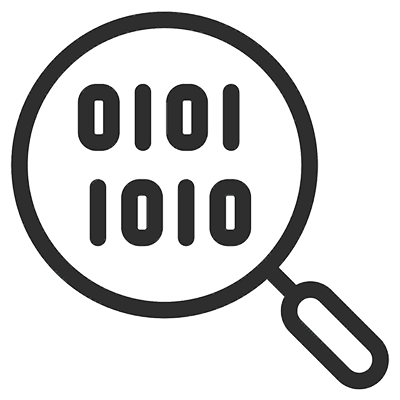 line drawing of a magnifying glass with ones and zeroes inside of it