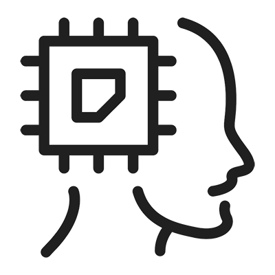 line drawing of a head in profile with a microchip overlaying the brain area of the head