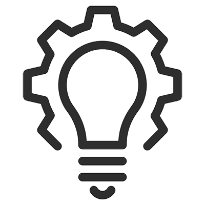 line drawing of a light bulb with the outline of a gear around the glass part of the bulb